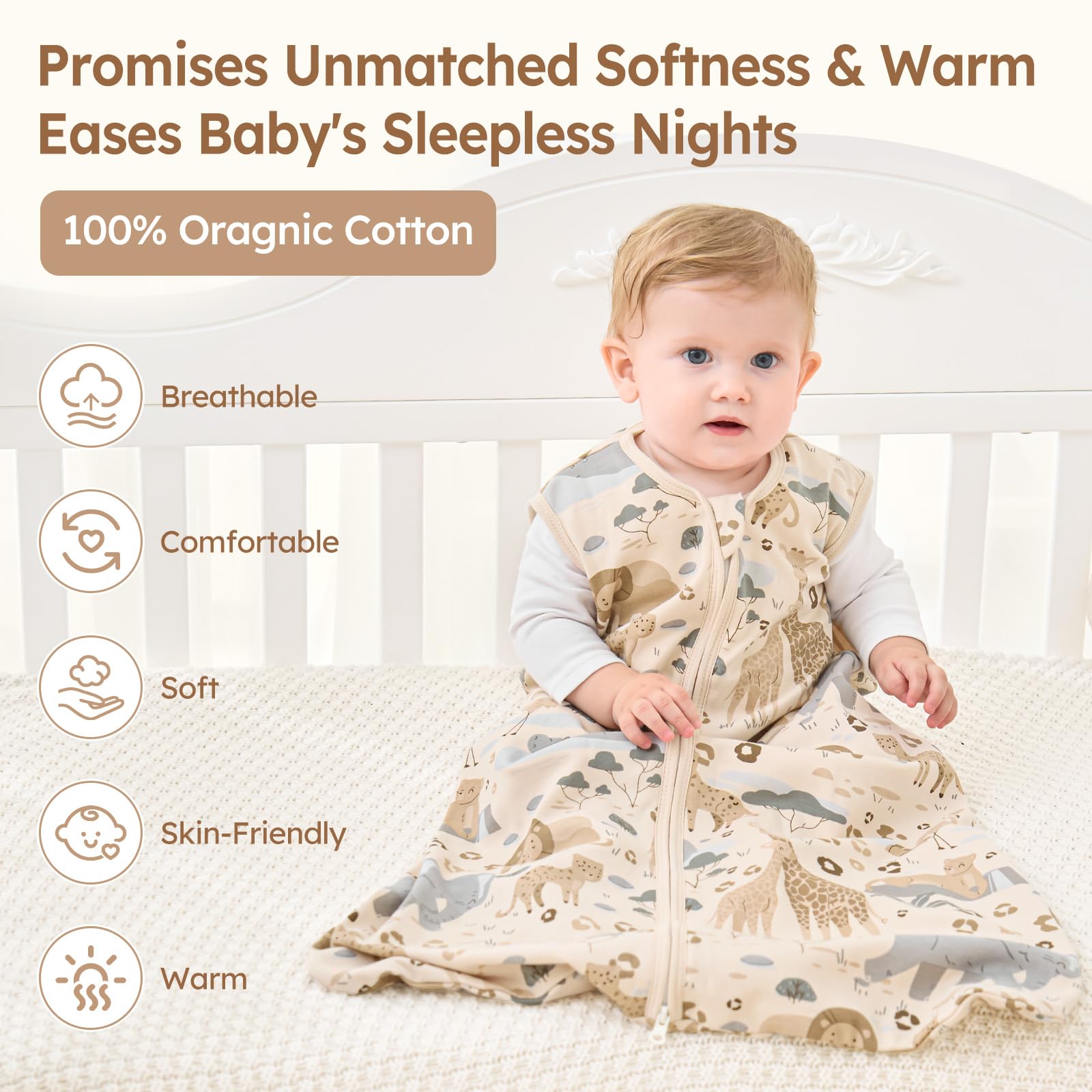 Unnivoll Baby Sleep Sack 18-24 Months 100% Cotton Lightweight 0.5 TOG Wearable Blanket Baby Sleep Bag with 2-Way Zipper for Infant Toddler Apricot Elephant