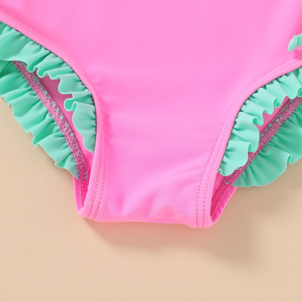 YOUNGER TREE Toddler Swimsuit Girl Cute Stripe One-Piece Ruffle Swimwear Baby Girl Bathing Suits with Bow(18-24 Months,Pink and Green Bow)