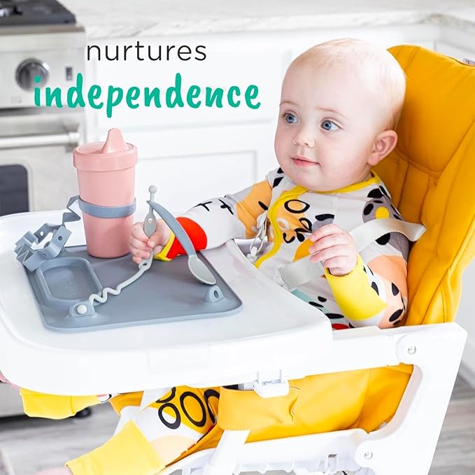 Busy Baby Gift Set - Includes 1 Busy Baby Mat 1 - Bottle Bungee 1- Teething Spoon and 4 Universal Bungee Straps in a Gift Bag, Keeps Baby Essentials Within Reach (Pewter)
