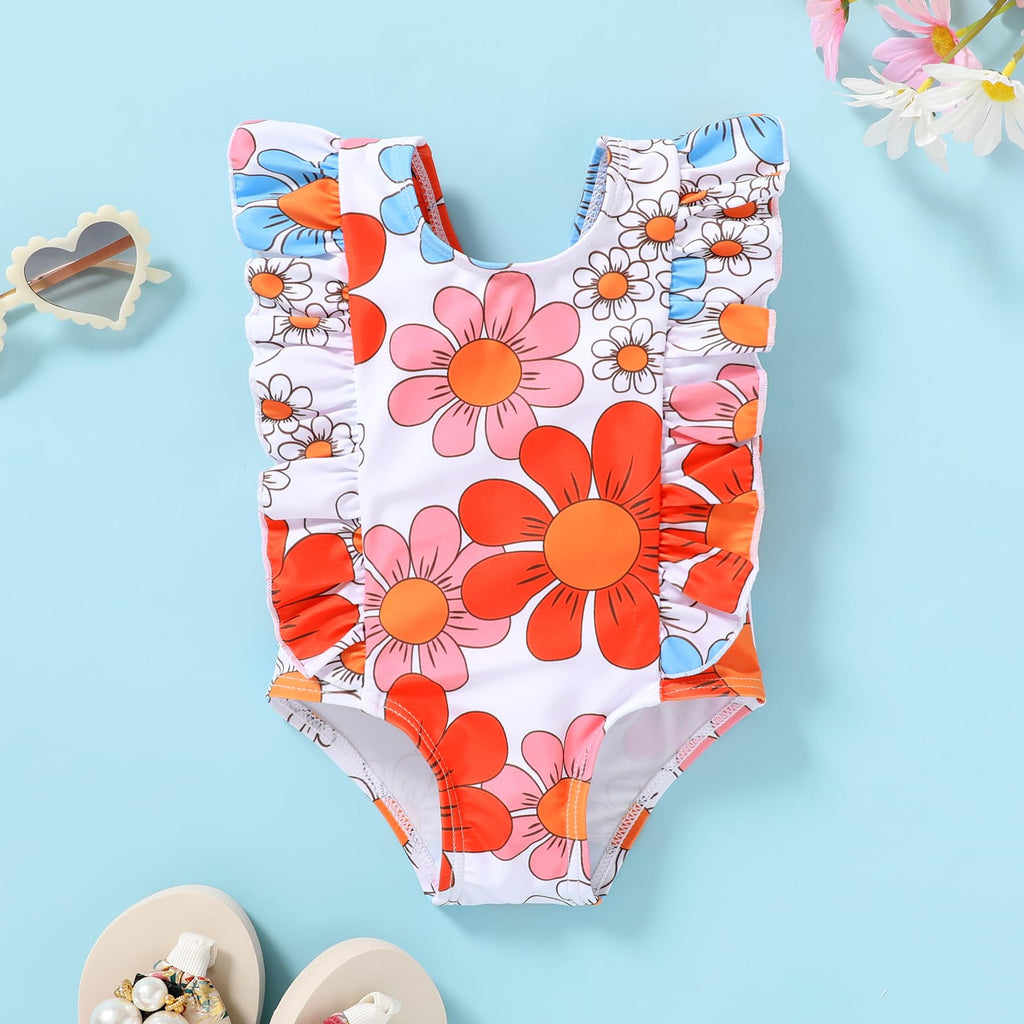 Newborn Baby Girl Ruffle Swimsuit Infant Toddler One Piece Floral Bikini Beach Bathing Swimwear Set(W3 Flower,6-12 Months)