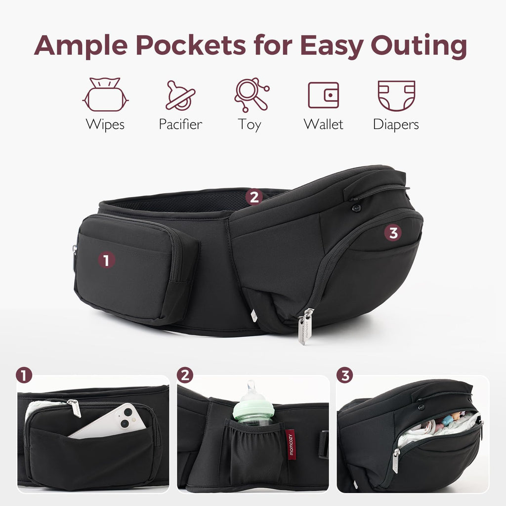 Momcozy Baby Carrier with Hip Seat, 2-in-1 Forward-Facing Carry for Long Walks, Detachable Hands-Free Infant Carrier up to 44lbs, All Seasons Toddler Carrier Fits Waist Sizes up to 45 Inches, Black