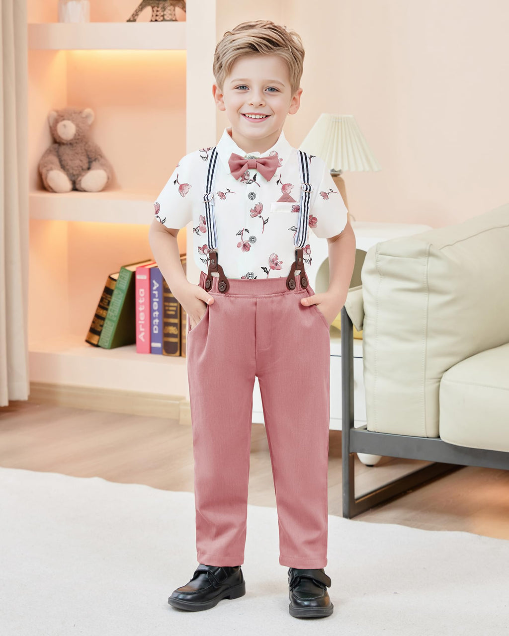 nilikastta Boy Dress Clothes Gentleman Wedding Outfits Pink Short Dress Shirt With Bowtie/Suspender Pants 5-6Years.