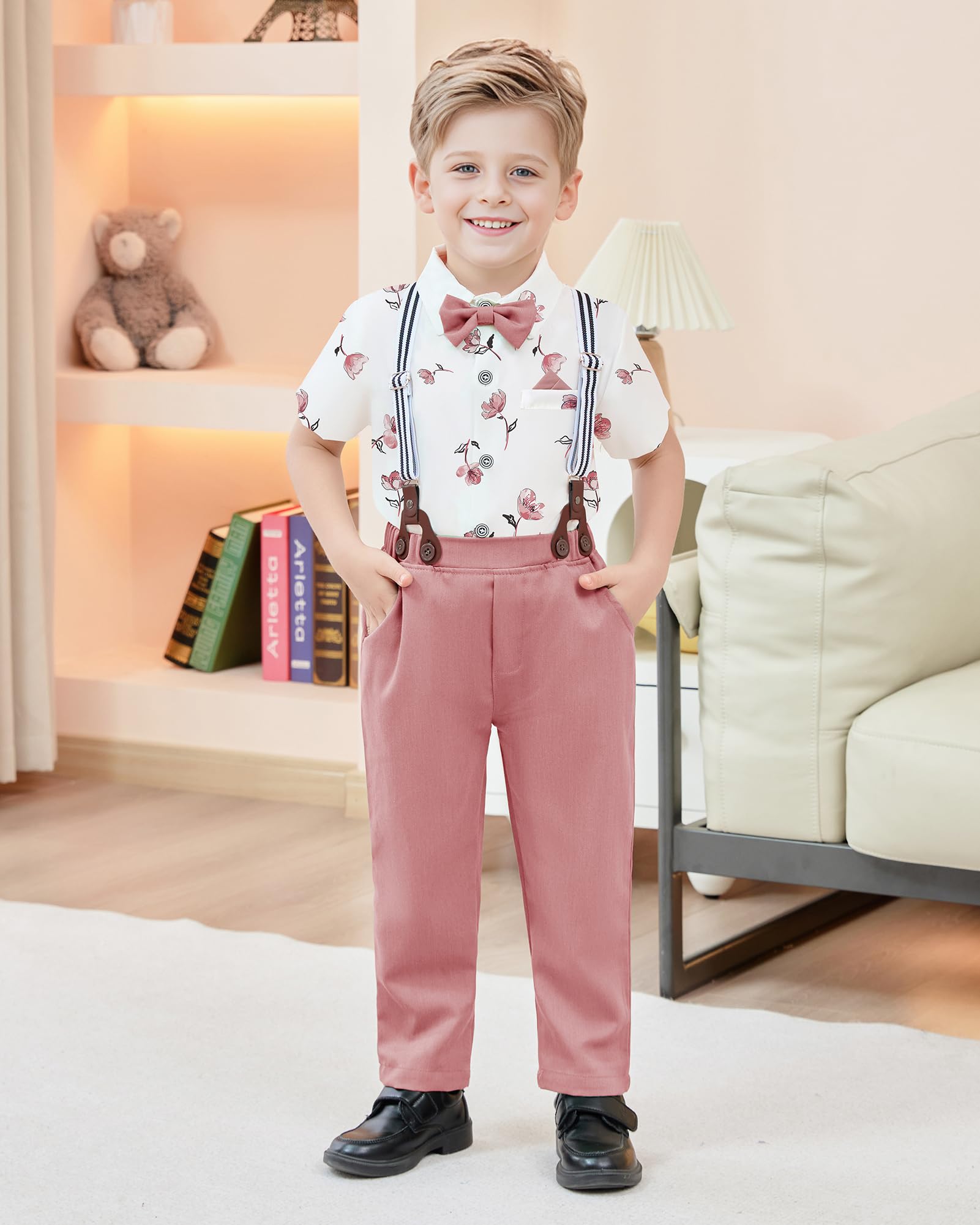 nilikastta Boy Dress Clothes Gentleman Wedding Outfits Pink Short Dress Shirt With Bowtie/Suspender Pants 5-6Years.