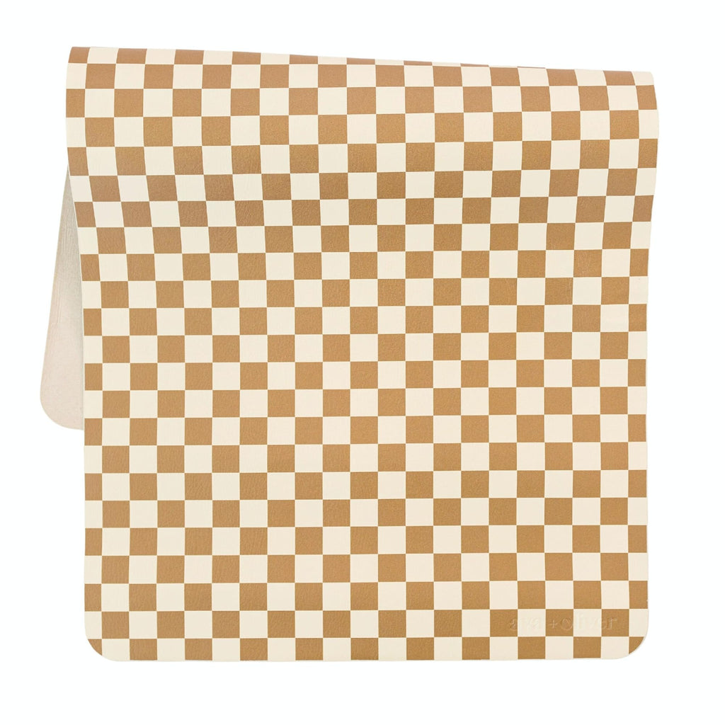 Vegan Leather Baby Changing Mat 16x30in, Wipeable, Foldable, Mocha Checker