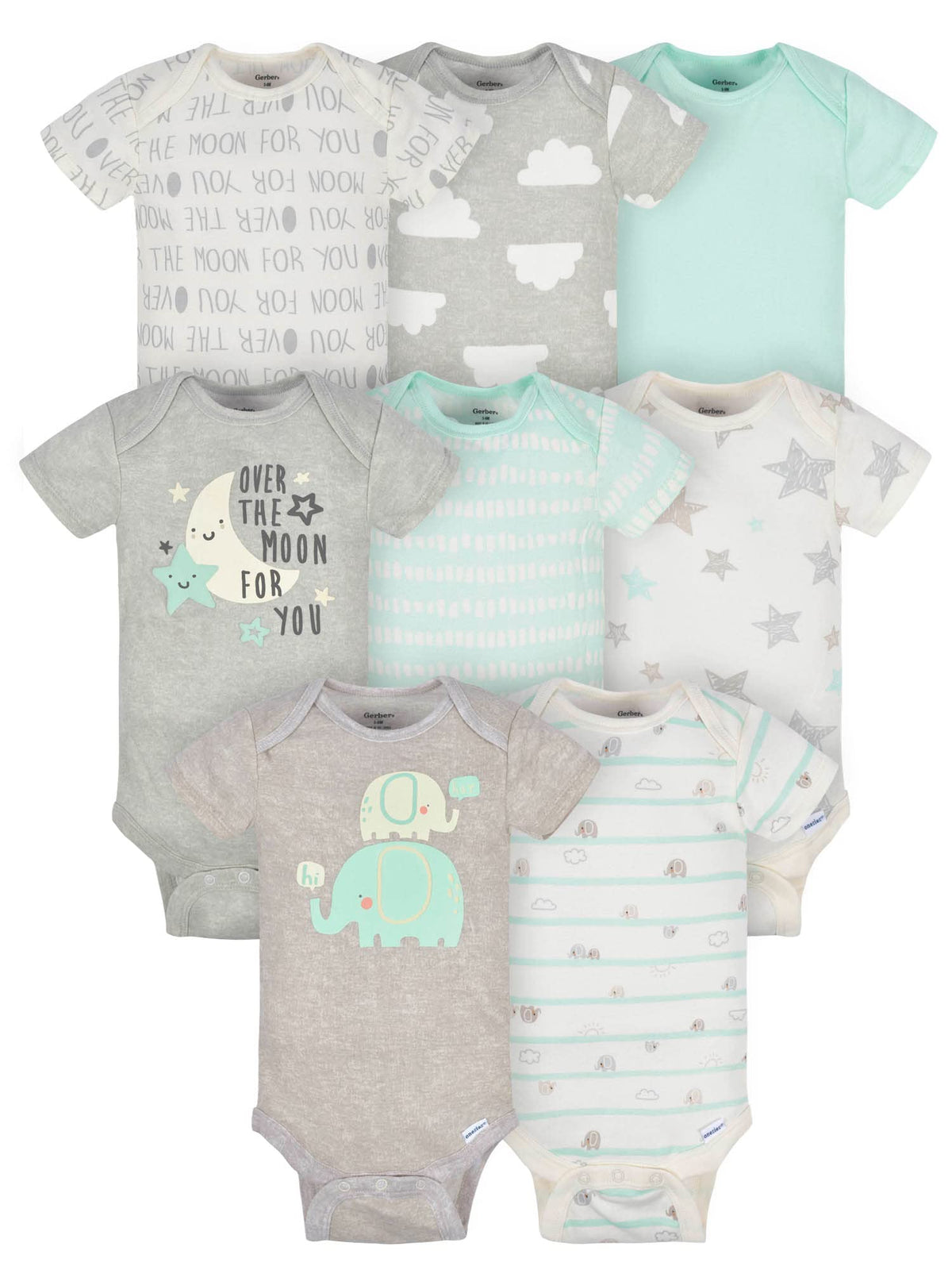 Gerber Baby Boys & Girls 8-Pack Short Sleeve Onesies Bodysuits, Animals Green, Newborn