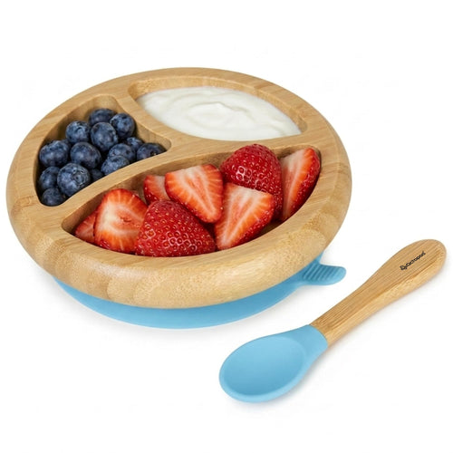Abiie Octopod Bamboo Dish & Spoon - Suction Baby Plate - 4 Mos & Up - Grey