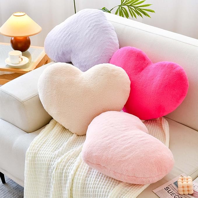 Beige Heart Pillows, Cute Heart Decorative Pillow, Heart Shaped Throw Pillows for Bed, Faux Rabbit Fur Plush Hoom Decor Pillow Cushion for Chair Sofa Living Room (Mini 12.9" x 9.8")