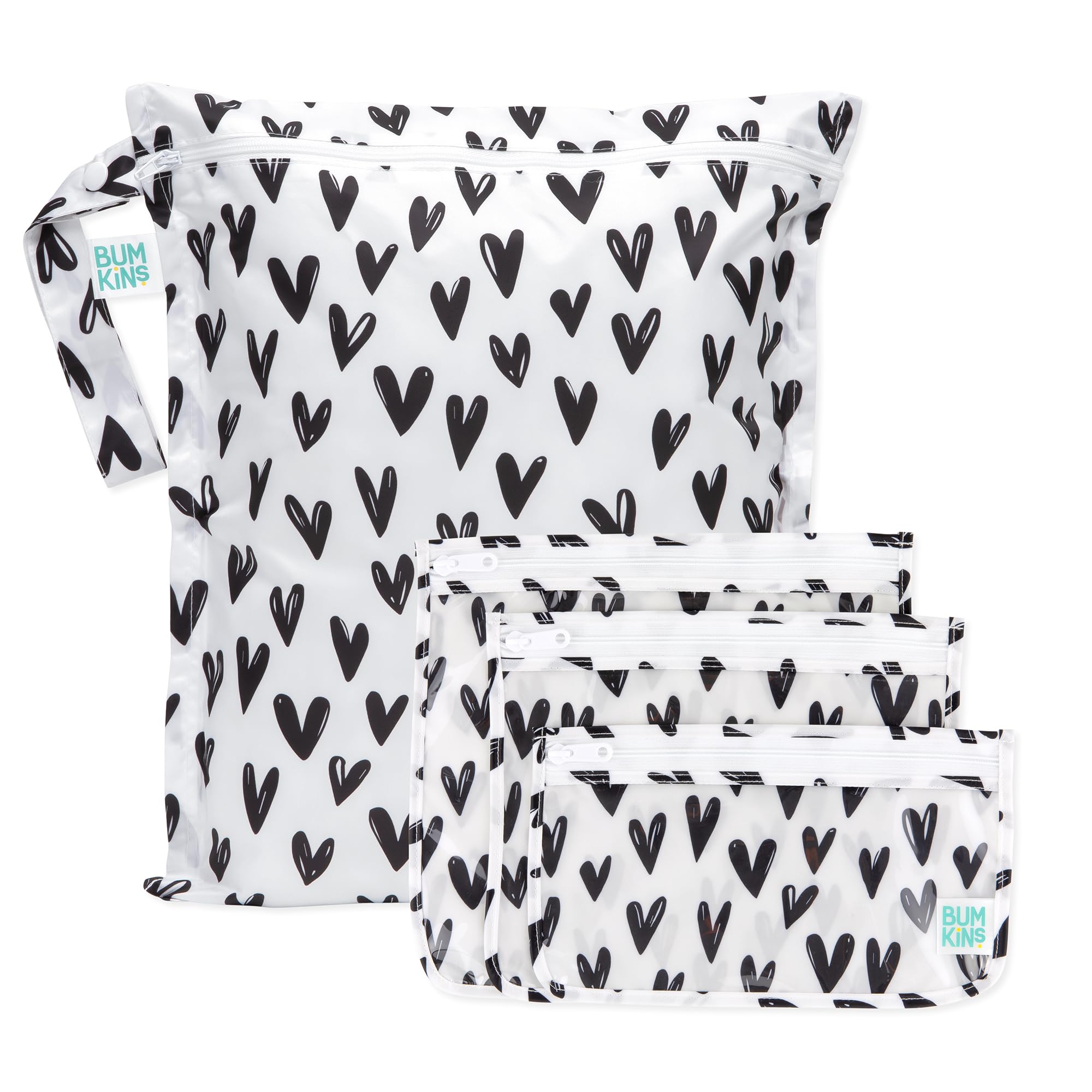 Bumkins - Waterproof Wet Bag & Clear Travel Bags - For Beach, Baby, Travel, Swim Suit, Cloth Diapers, Pump Parts, Pool, Gym, Toiletries - Reusable & Easy to Clean - Black Hearts - 4 Pack