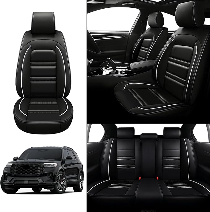 Car Seat Covers for Ford Explorer 2011-2025 | 5-Seats Leather Seat Covers, Easy to Install Automotive Seat Covers Full Set (Full Set, Black&White Line)
