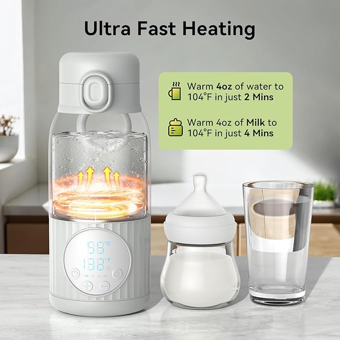 Portable Bottle Warmer for Travel,Fast Heating & Precise Temp Control for Baby Breast Milk & Water,Bottle Warmer for Outdoors/Home/Car..,13.5 Ounces Large Capacity to Meet Your All-Day Needs(Gray)
