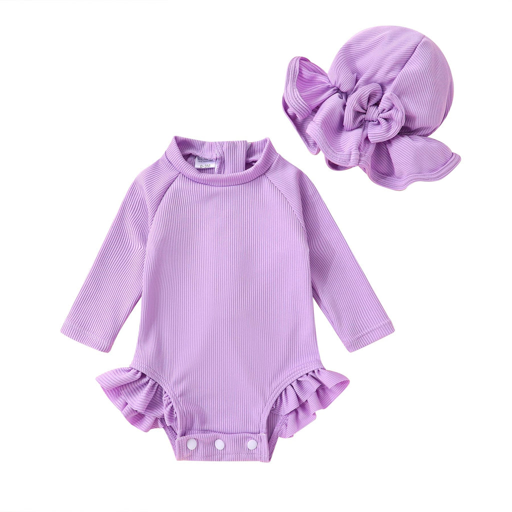 Infant Baby Girls Swimsuit Long Sleeve Swimsuit One Piece Swimsuit Solid Color Bathing Suit with Hat, UPF 50+（Purple, 12-18 Months）