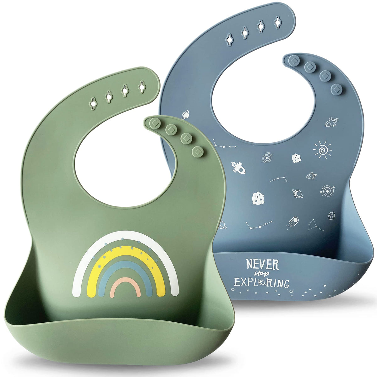 Moonkie Silicone Baby Bibs Set of 2, BPA Free Waterproof Baby Bibs for Eating, Soft Adjustable Silicone Bibs for Babies 6-12 Months, Toddler Bibs with Large Pocket Food Catcher (Dark Grey/Kodak)