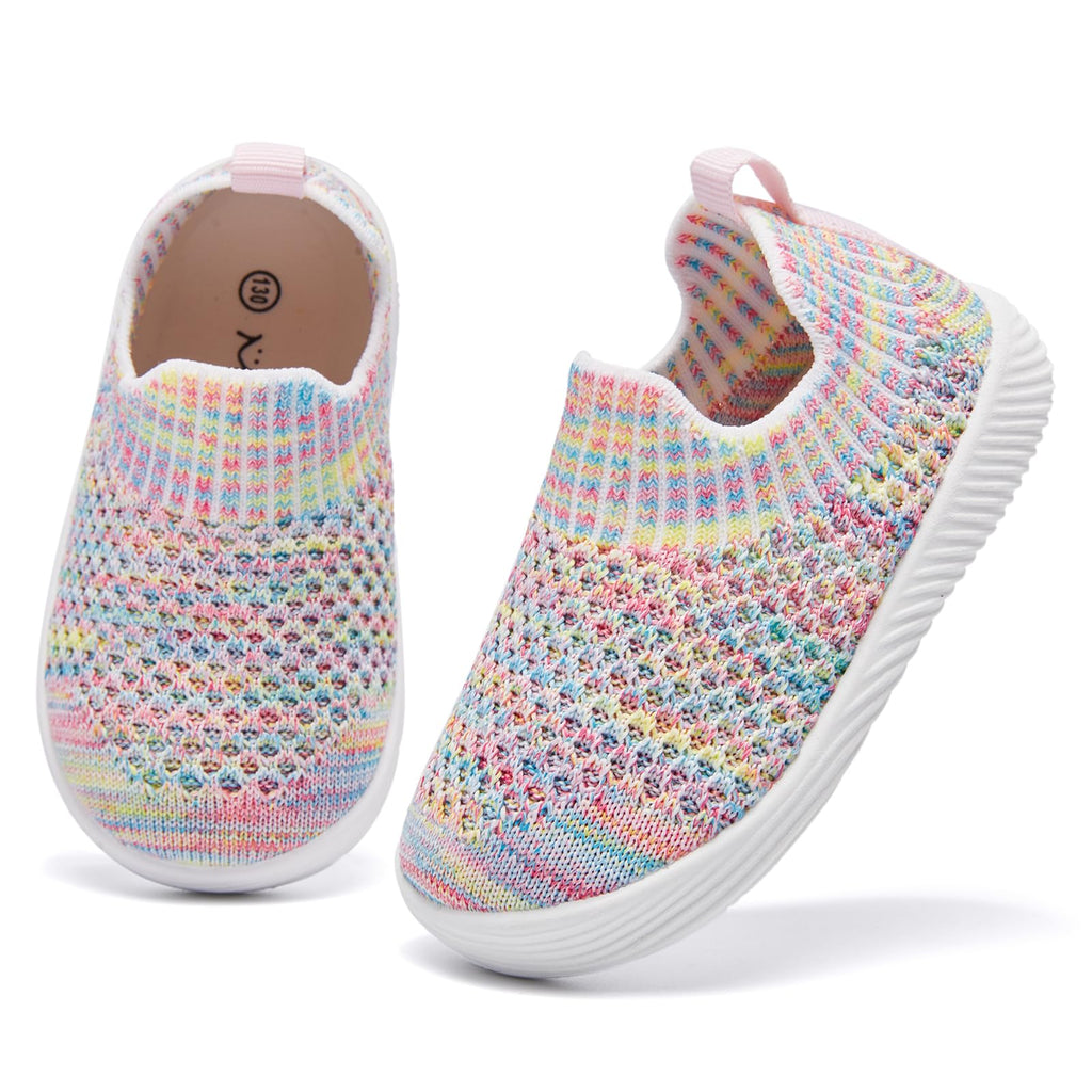 MORENDL Toddler Shoes Baby Walking Sock Shoes Non-Slip Breathable Boys & Girls Sneakers Infant Tennis Shoes Multi Rainbow 18-24Months