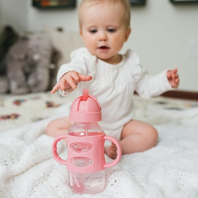 Dr. Brown's Milestones Wide-Neck Sippy Straw Bottle with 100% Silicone Handles and Weighted Straw, 9 oz/270 mL, Gray & Pink, 6m+, 2 Count (Pack of 6)