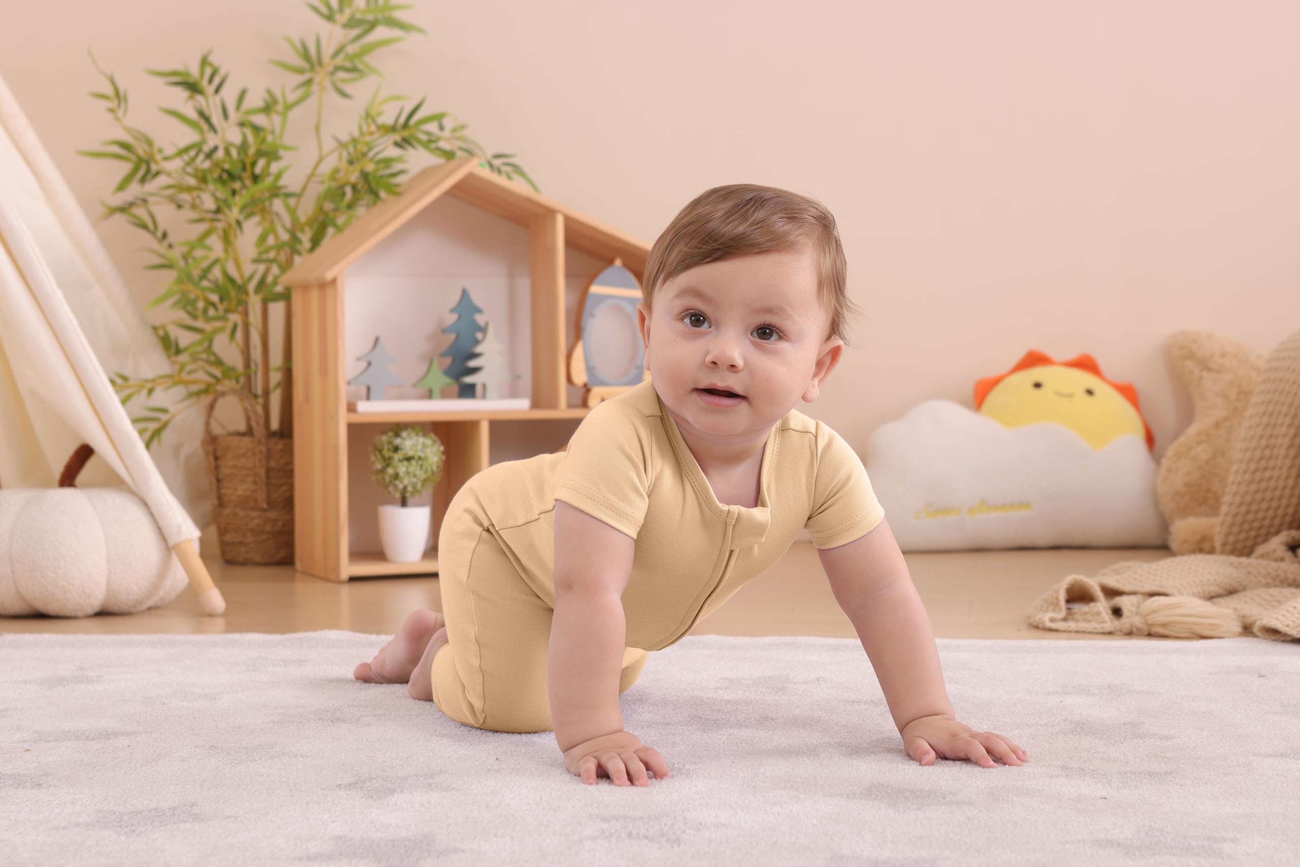 GUISBY Baby Cotton Footless Zipper Pajamas, Beige+Pink, 3-6M