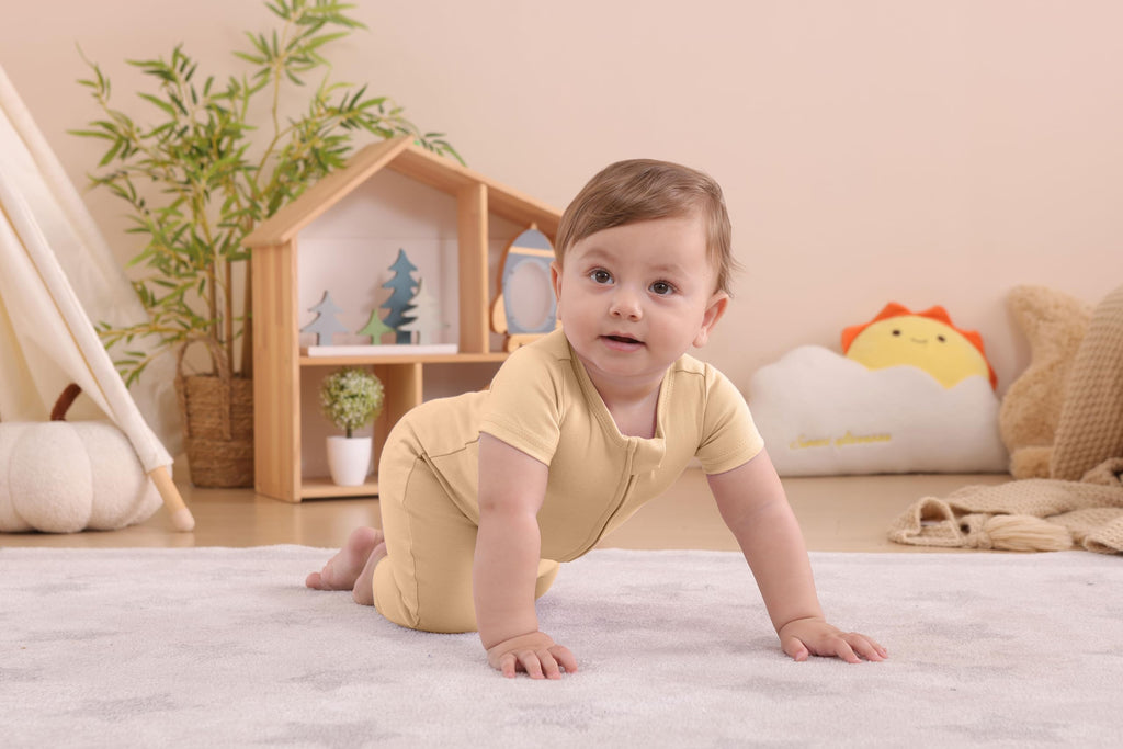 GUISBY Baby Cotton Footless Zipper Pajamas, Beige+Pink, 0-3M