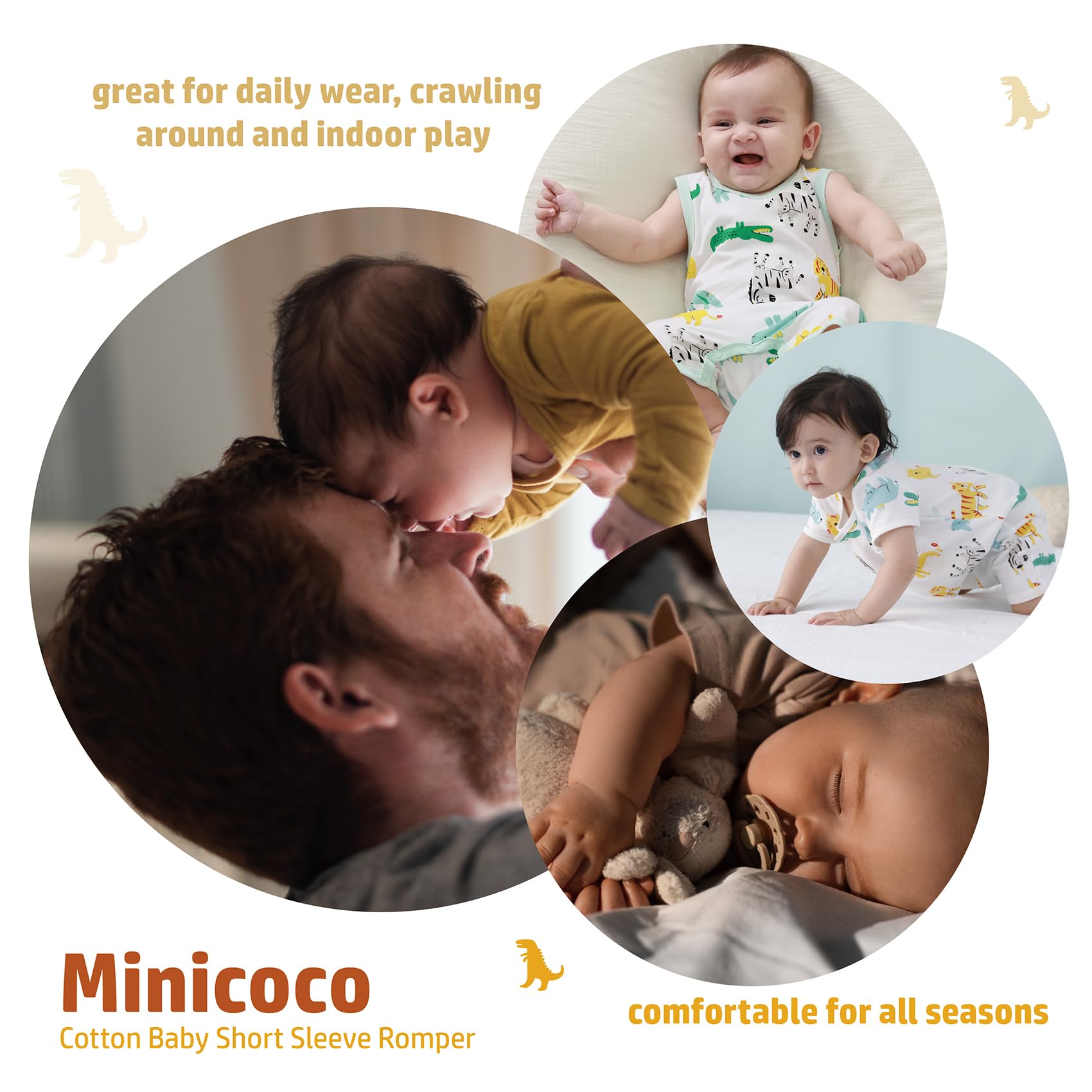 Minicoco 3-Pack 100% Cotton Baby Boy Rompers,0-24Months Short Sleeve Toddler Romper,Breathable Spring/Summer Clothes