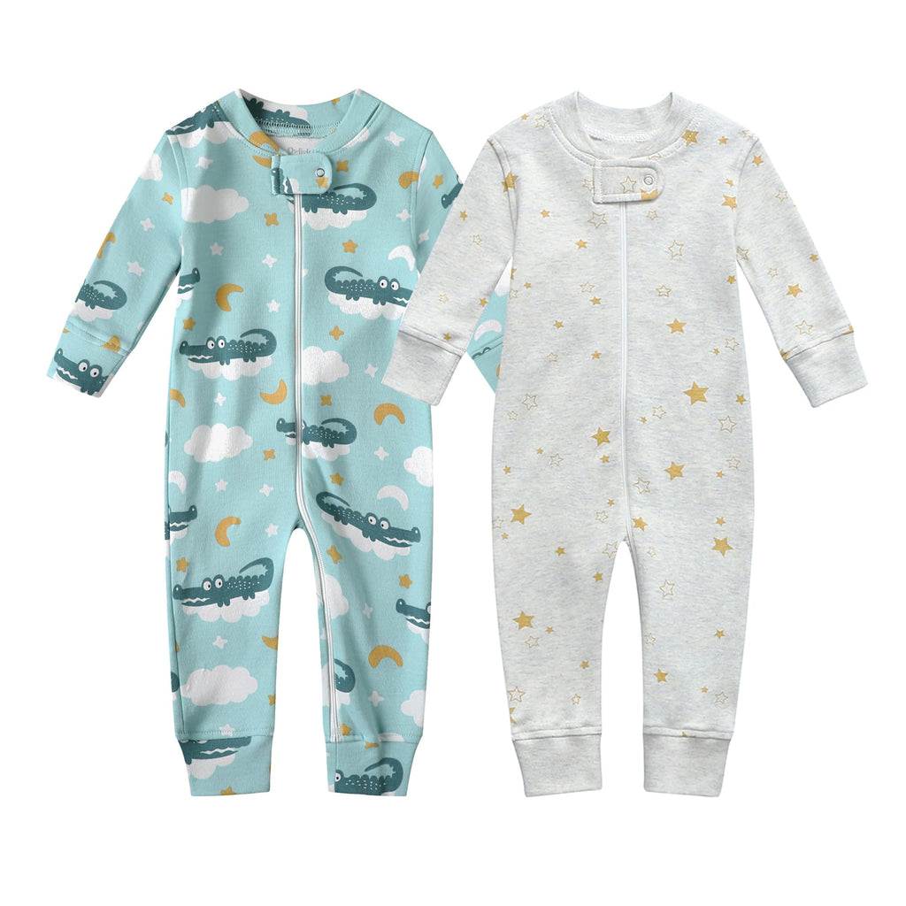 Owlivia Organic Cotton Baby Boy Girl Zip up Sleep N Play, Footless, Long Sleeve(0-3 Months, Crocodile & Golden Star)