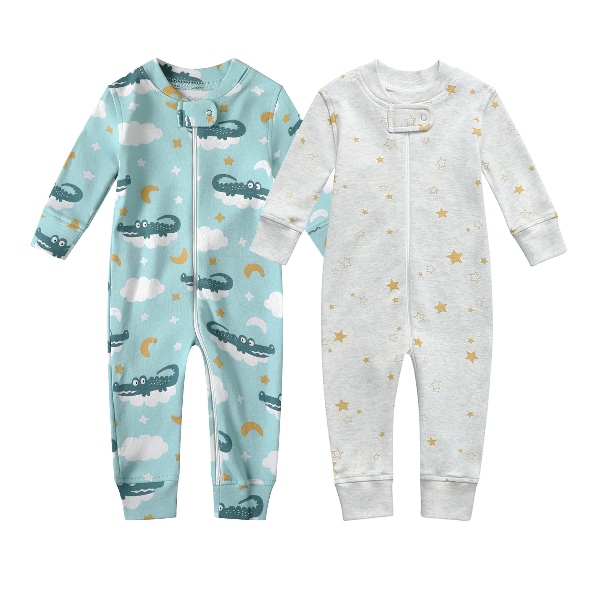 Owlivia Organic Cotton Baby Boy Girl Zip up Sleep N Play, Footless, Long Sleeve(12-18 Months, Crocodile & Golden Star)