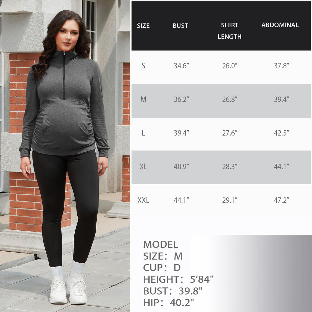 GINKANA Maternity Shirt Half Zipper Lapel Pregnancy Sweatshirts Casual Long Sleeve Maternity Pullover with Pockets,Deep Grey,S