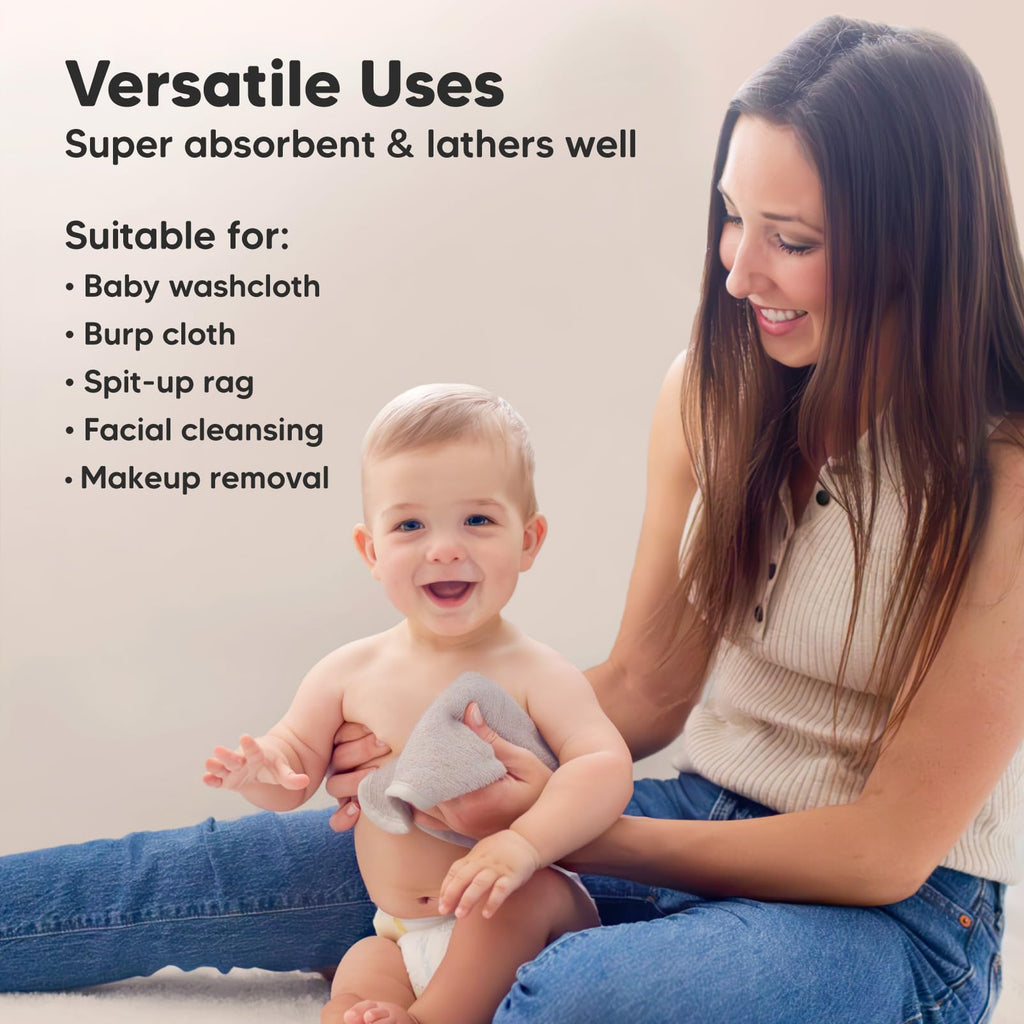 6-Pack Baby Washcloths, Soft Absorbent Washcloths for Face, Body (White/Stone)