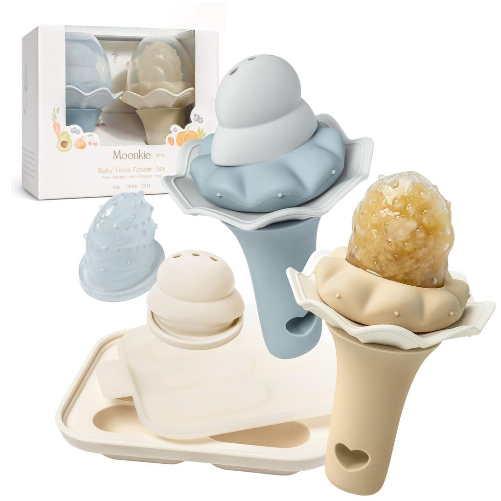 Moonkie Baby Fruit Feeder for Self-Feeding: Controlled Flow Design for Safe First Foods - BPA Free Silicone Food Feeder with Freezer Tray for Cooling Comfort - Baby Shower Gifts 4M+ - 2 Pack