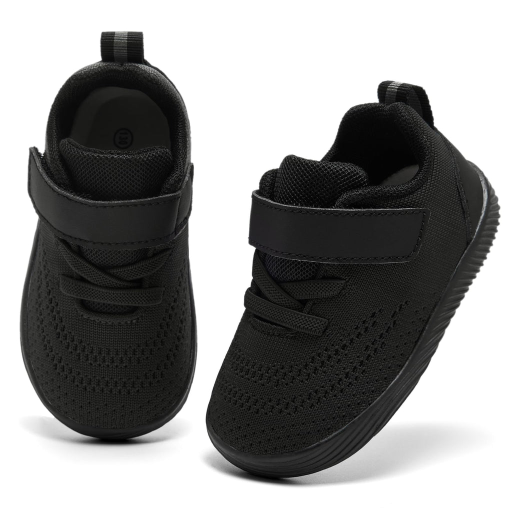 MORENDL Toddler Sneakers Baby Boys & Girls Barefoot Shoes Lightweight Breathable Walking Running Tennis Athletic Sport Shoes Black 15-18 Months Size 6