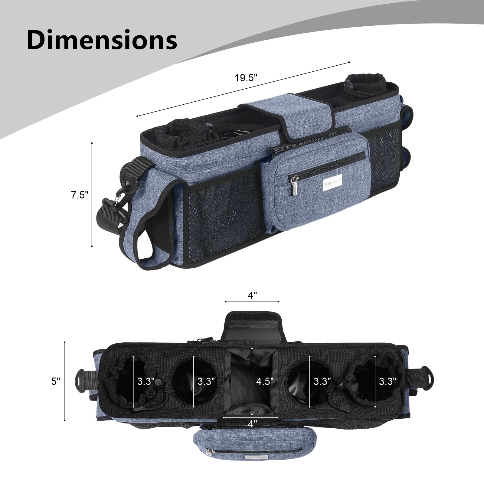 TOPDesign Universal Baby Stroller Organizer, Double Stroller Caddy with Detachable Mesh Bag & Heightened Insulated Cup Holders & Non-Slip Secure Hooks Accessories, Fits Most Strollers (Blue)