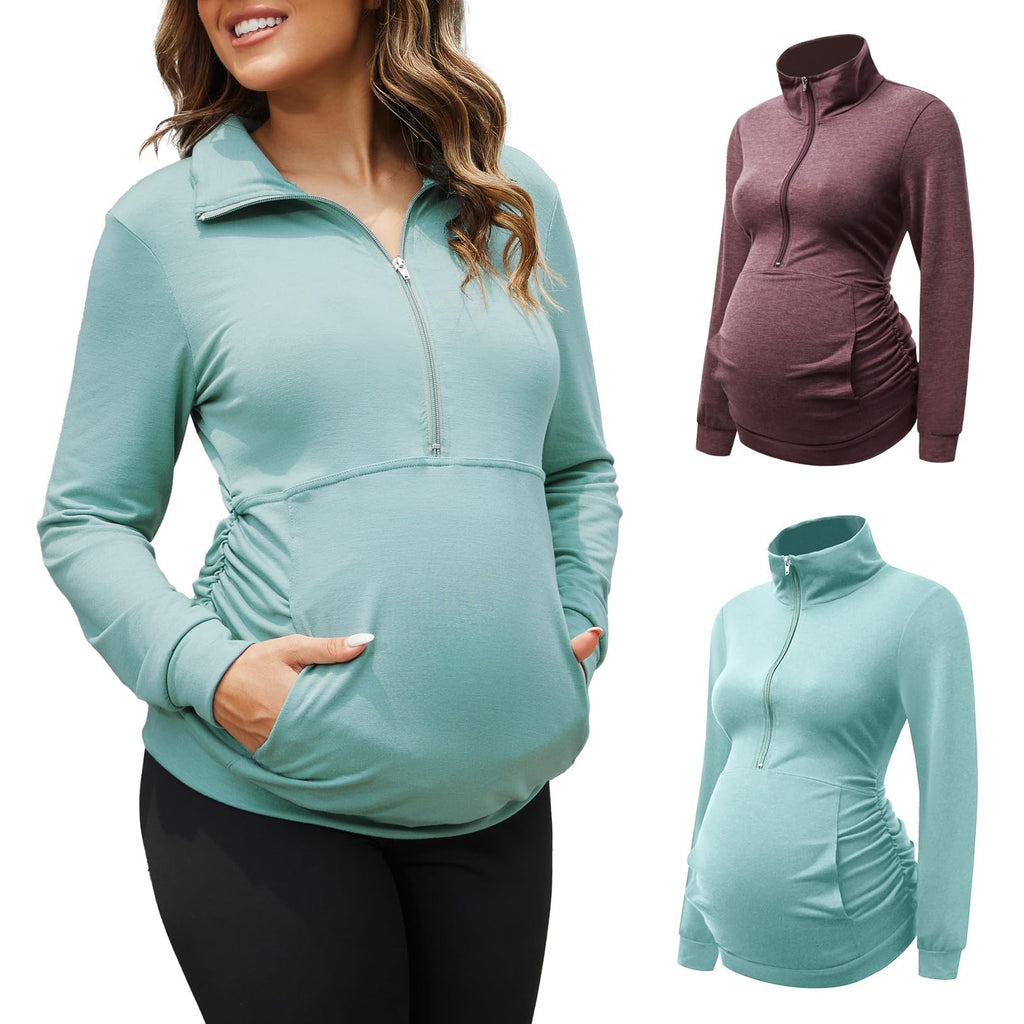 GINKANA Maternity Pullover Tops Maternity Zipper Shirts Lapel Long Sleeve Casual Lightweight Pregnancy Tops with Pockets,Sage Green+Burgundy,L