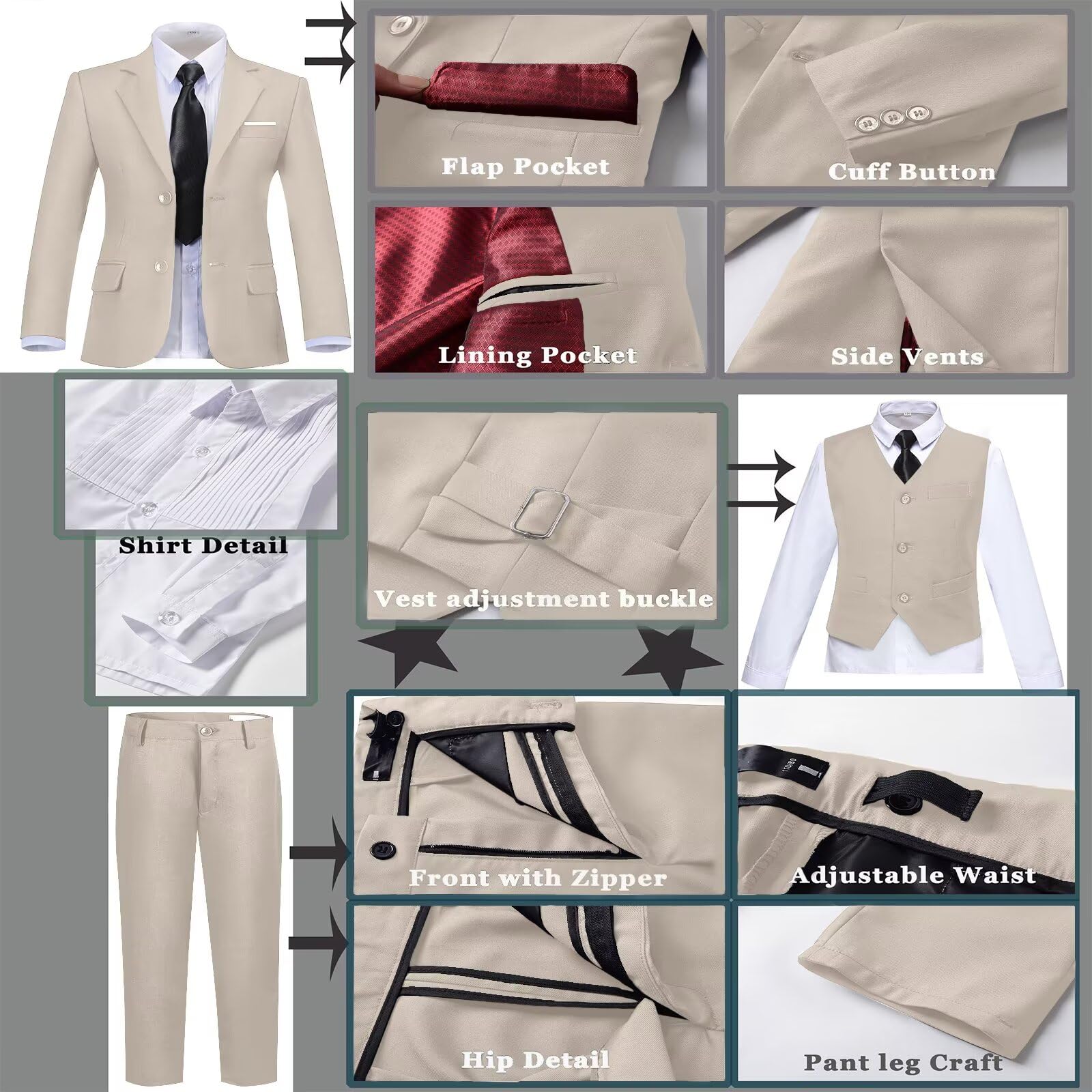 Boy Suit Slim Outfit 6 Piece Tux Jacket Vest Pants Light Champagne 18