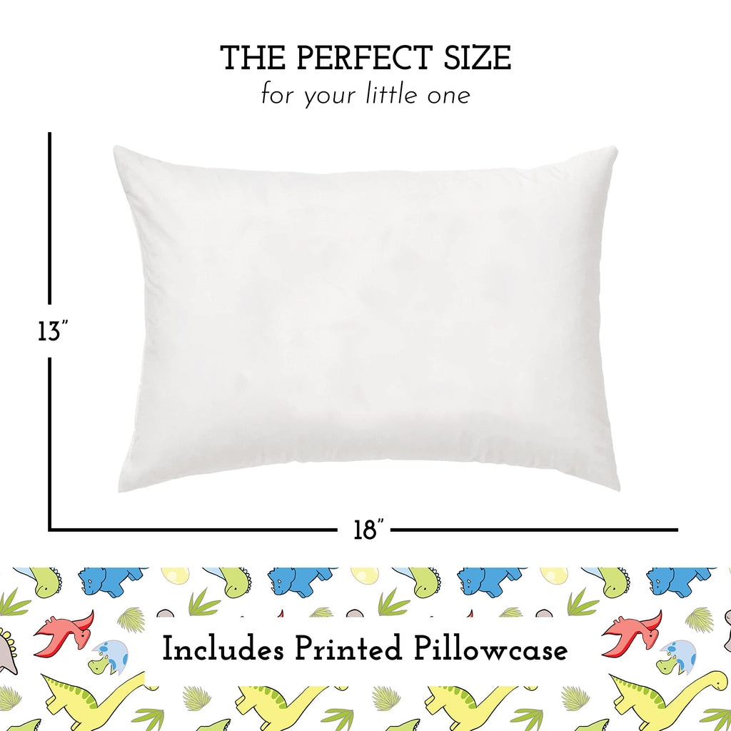 Little Sleepy Head Toddler Pillow with Cotton Pillowcase – 13x18 Kids Pillow for Ages 2–5 – Soft Hypoallergenic Toddler Bed Pillow for Travel, Daycare & Preschool – (Dinosaurs White)