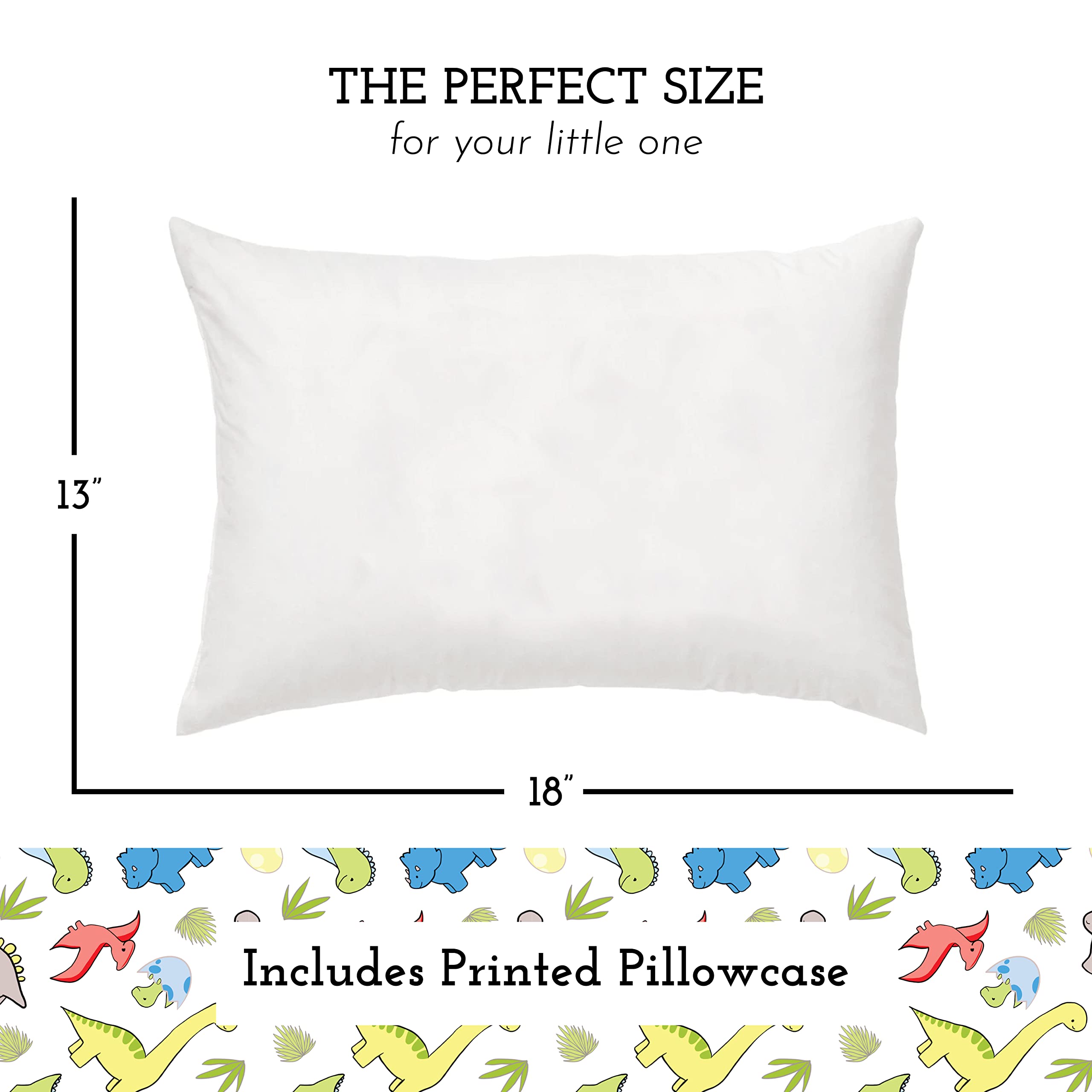 Little Sleepy Head Toddler Pillow with Cotton Pillowcase – 13x18 Kids Pillow for Ages 2–5 – Soft Hypoallergenic Toddler Bed Pillow for Travel, Daycare & Preschool – (Dinosaurs White)