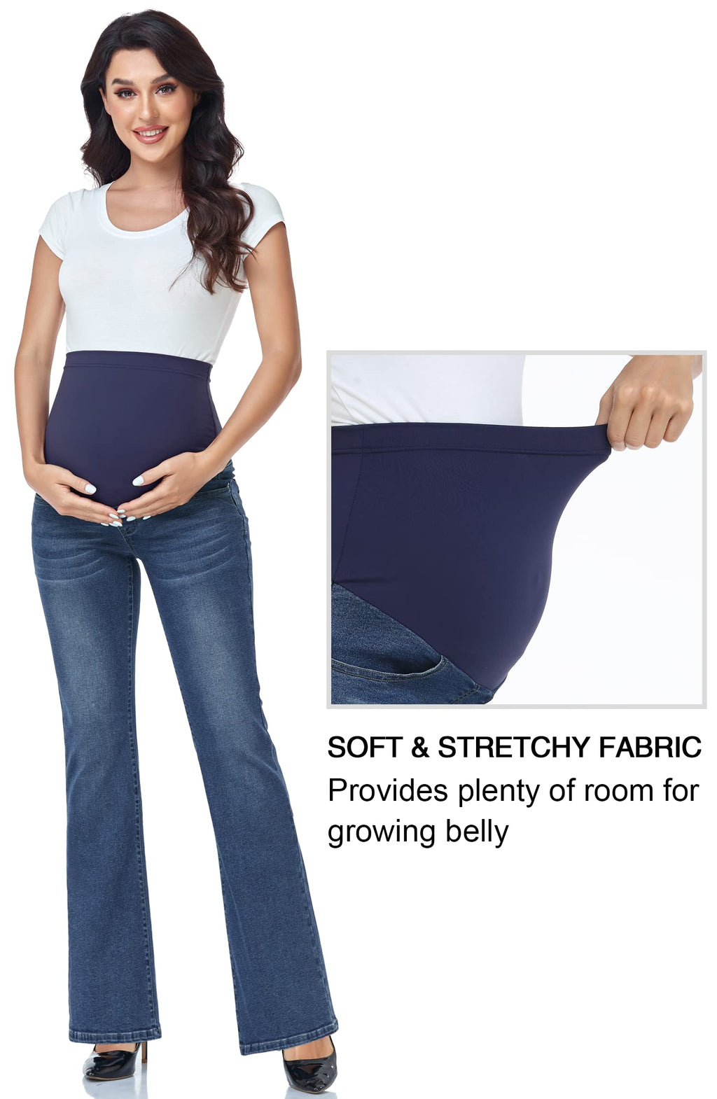 GLAMIX Women's Stretch Maternity Bootcut Jeans with Pockets Over The Belly Bell Bottoms Flare Denim Pants Pregnancy Clothes(Navy Blue, M)