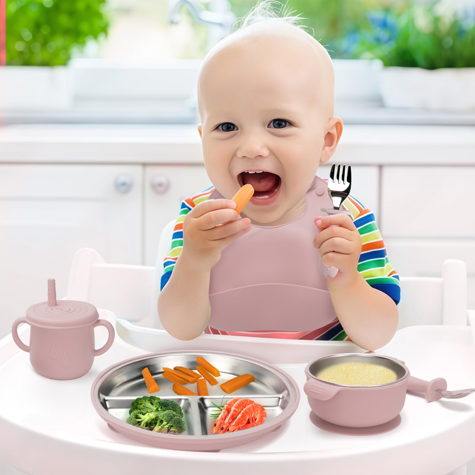 MISSLILI Stainless Steel Kids Plates and Bowls Set with Suction - (Pink)
