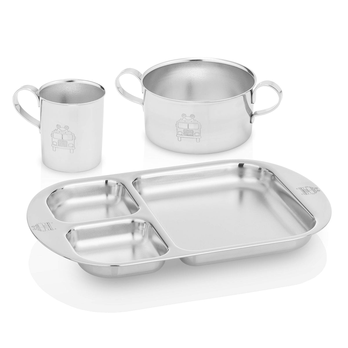 Children's Premium Stainless Steel Dinnerware Set |1 Bowl with Handles, 1 Cup with Handle & 1 Divided Plate | Fun Fire Truck Design | | Ideal for Babies,Toddlers & Kids | by Kiddobloom