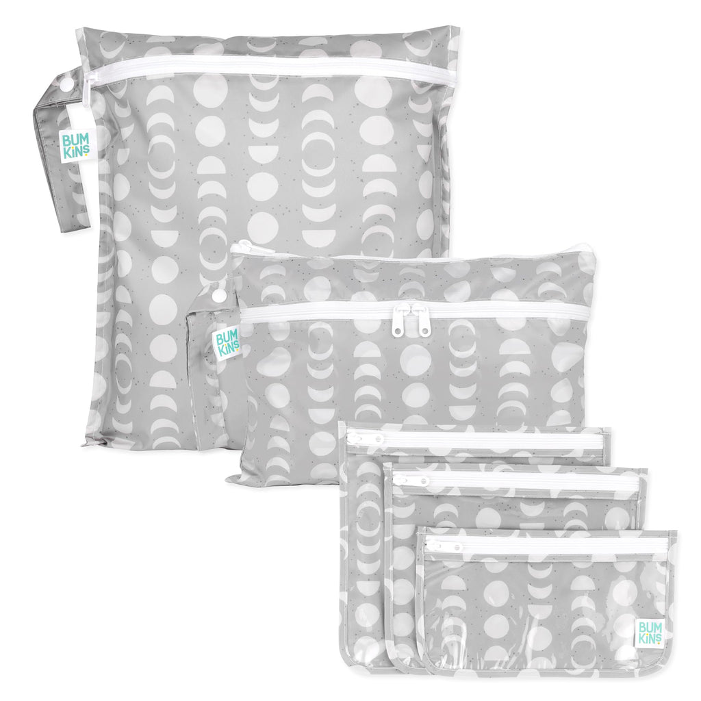Bumkins - Waterproof Wet Bag, Wet/Dry Clutch & Clear Travel Bags - For Beach, Baby, Travel, Cloth Diapers, Pump Parts, Pool, Gym, Toiletries - Reusable & Easy to Clean - Lunar Gray - 5 Pack