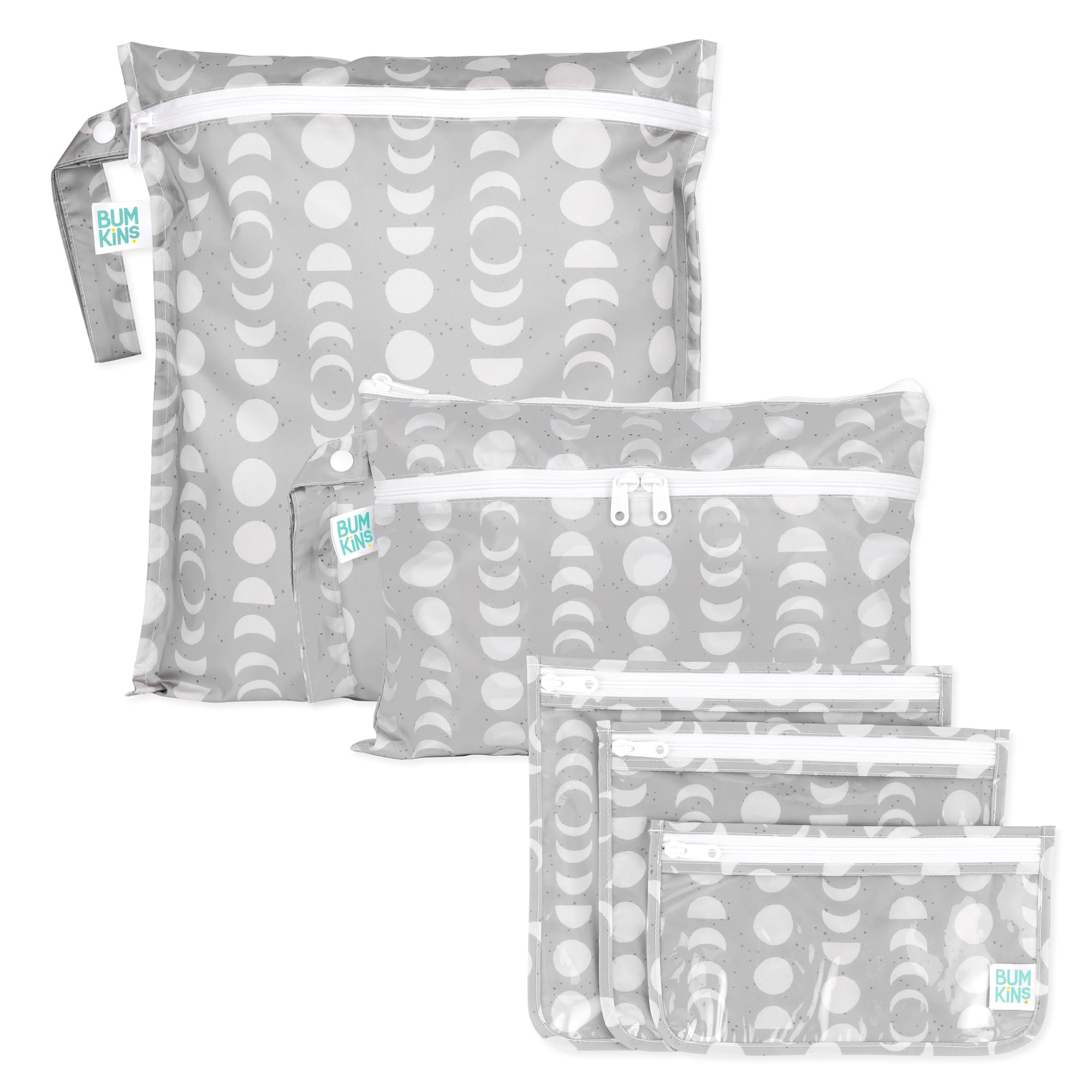 Bumkins - Waterproof Wet Bag, Wet/Dry Clutch & Clear Travel Bags - For Beach, Baby, Travel, Cloth Diapers, Pump Parts, Pool, Gym, Toiletries - Reusable & Easy to Clean - Lunar Gray - 5 Pack