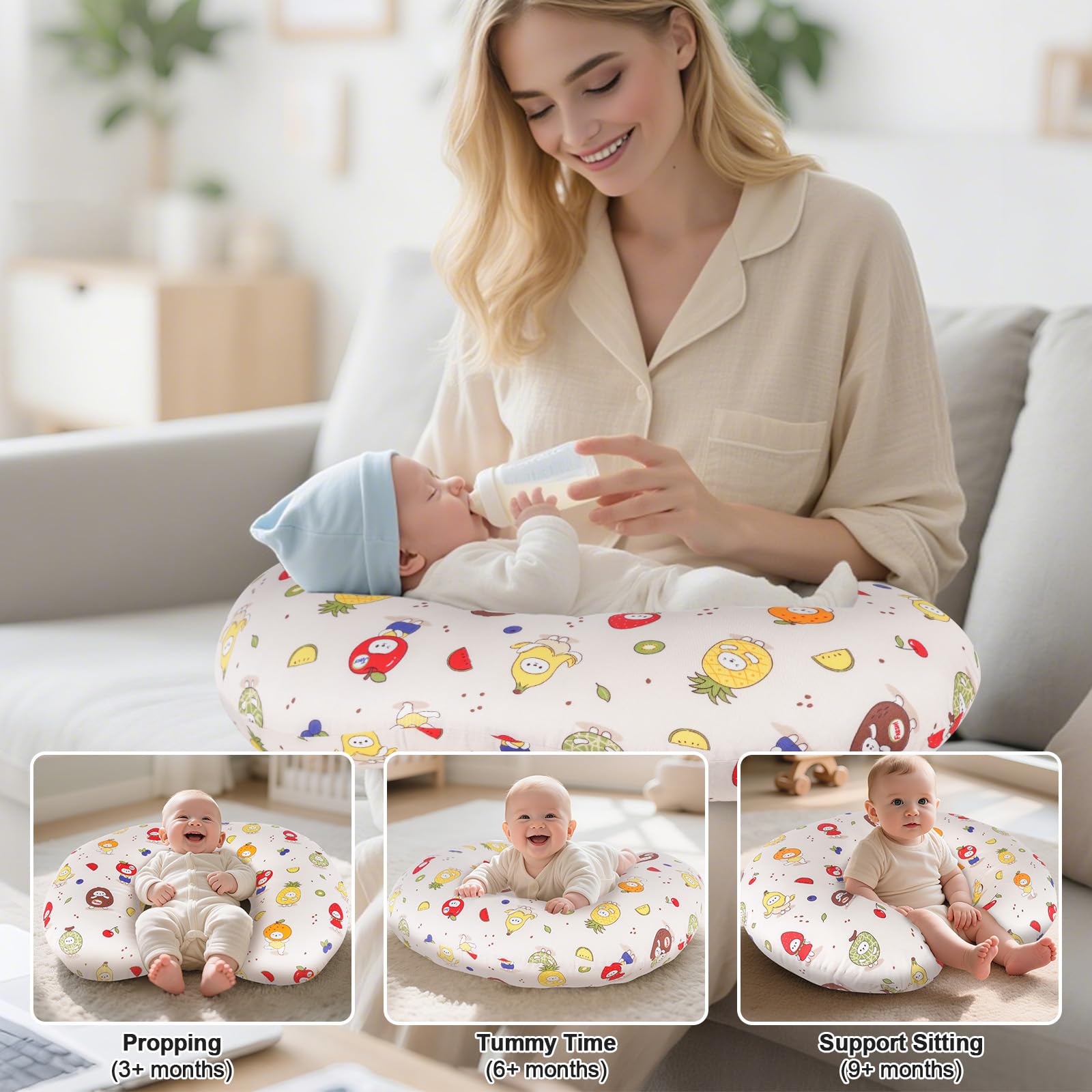 CHANGX3KB Ergonomic Nursing Pillow for Breastfeeding & Bottle Feeding, Breastfeeding Pillow to Reduce Back Neck Strain, Suitable for Breastfeeding Mom & Baby, Washable Cotton Cover(Fruit)