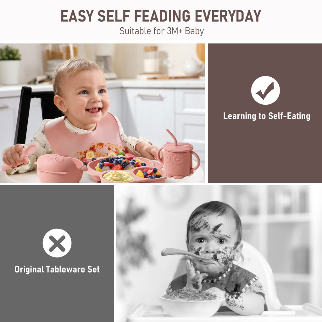 Bnditeu Baby Weaning Set - Silicone Toddler Feeding Set (10 Pcs) with Adjustable Bib, Suction Bowl, Plate, Fork, Spoon, Water & Snack Cup Kit - Baby Led Weaning Kit