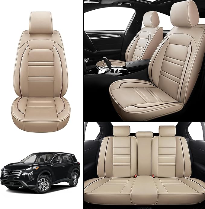 Seat Covers for Nissan Car Rogue 2008-2025 | 5-Seats Leather Seat Covers, Easy to Install Automotive Seat Covers Full Set (Full Set, Beige)
