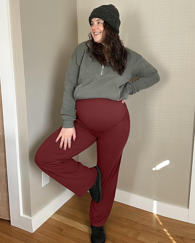 G4Free Maternity Pants with Pockets for Work Yoga,Dark Burgundy,XS,Short