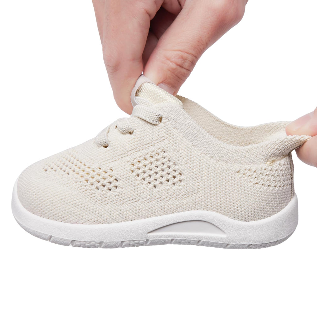 MORENDL Toddler Sneakers Baby Non-Slip Lightweight Breathable Barefoot Shoes Infant Tennis Walking Shoes Khaki Mesh 15-18 Months