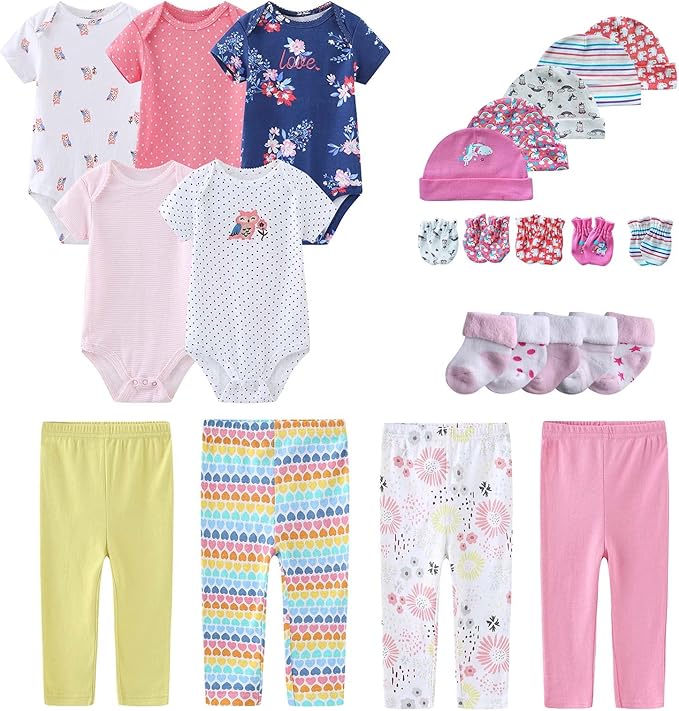 Newborn Layette Gift Set Bodysuits Pants for Baby Girl and Boy 24 Piece 100% Cotton Essentials and Accessories