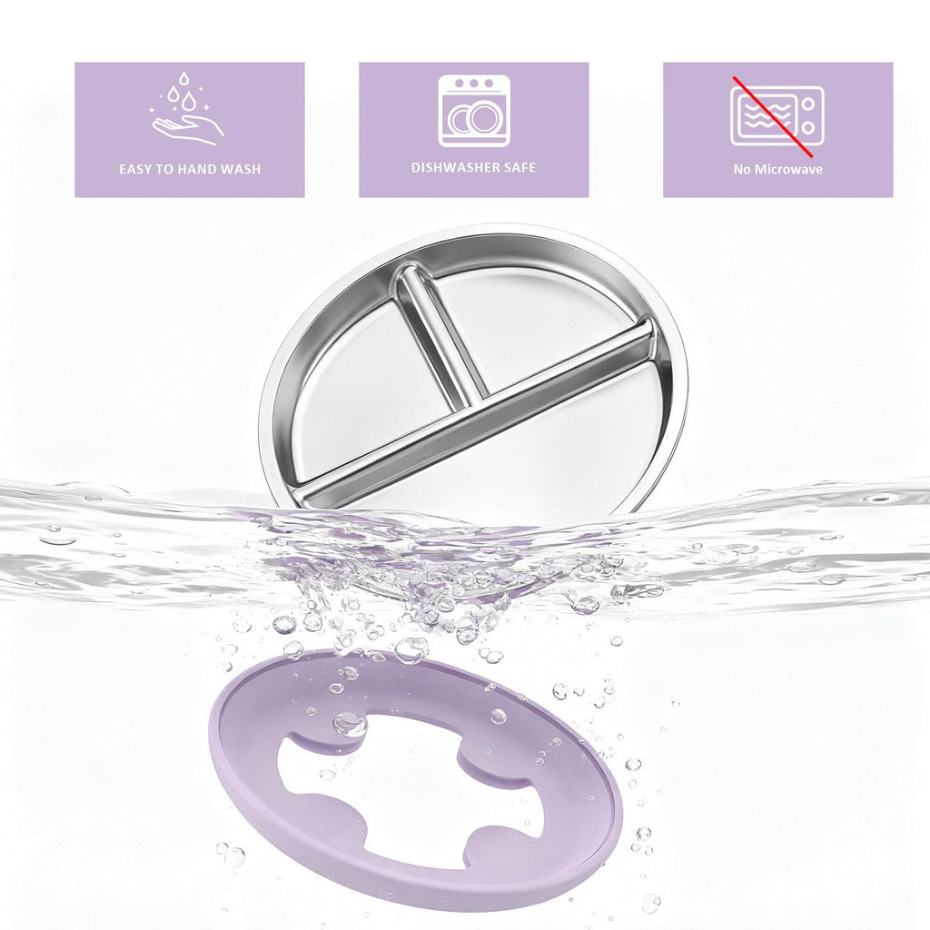 Bakpoco Stainless Steel Suction Plates for Toddlers, 9" Divided Kids Baby Plates with Removable Silicone Suction, Non Toxic Non Slip Portion Control Snack Dishes 3 Packs, Pink Beige Lilac