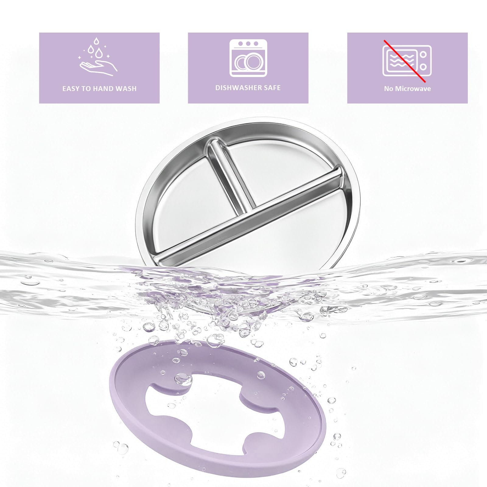 Bakpoco Stainless Steel Suction Plates for Toddlers, 9" Divided Kids Baby Plates with Removable Silicone Suction, Non Toxic Non Slip Portion Control Snack Dishes 3 Packs, Pink Beige Lilac