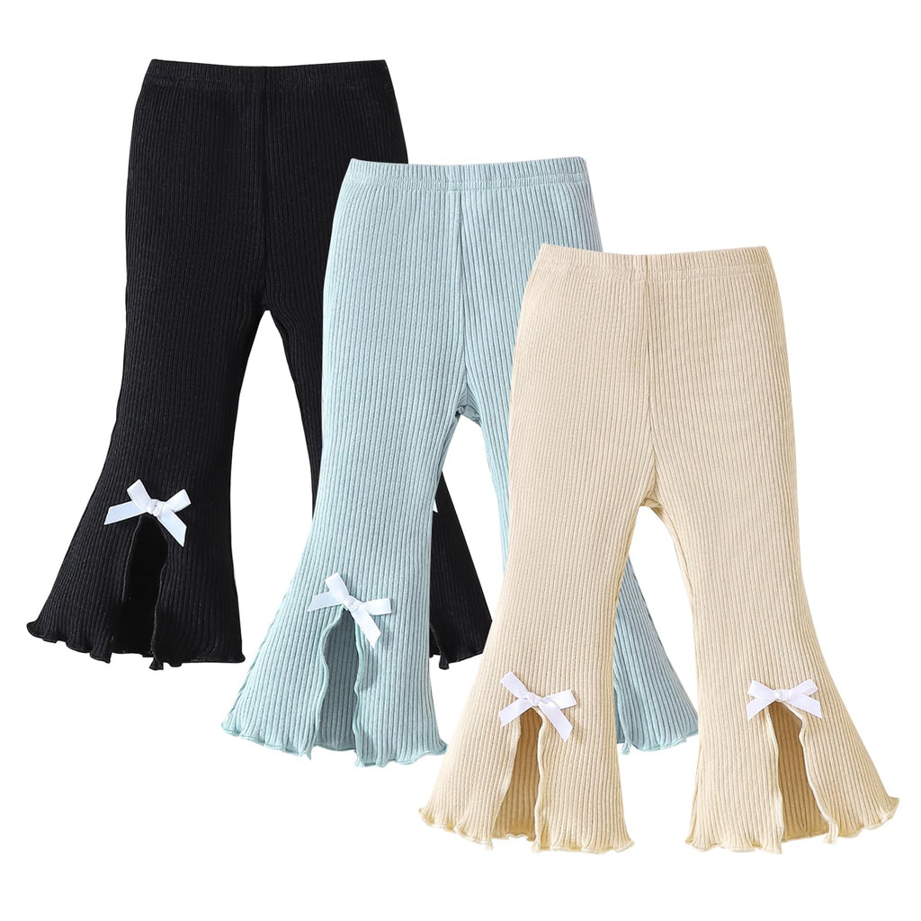SOBOWO Flare Toddler Pants Leggings 3 Pack Solid Ribbed Ruffle Bell Bottoms Pants Fall Winter Outfits(Black/Blue/Beige, 18-24 Months)