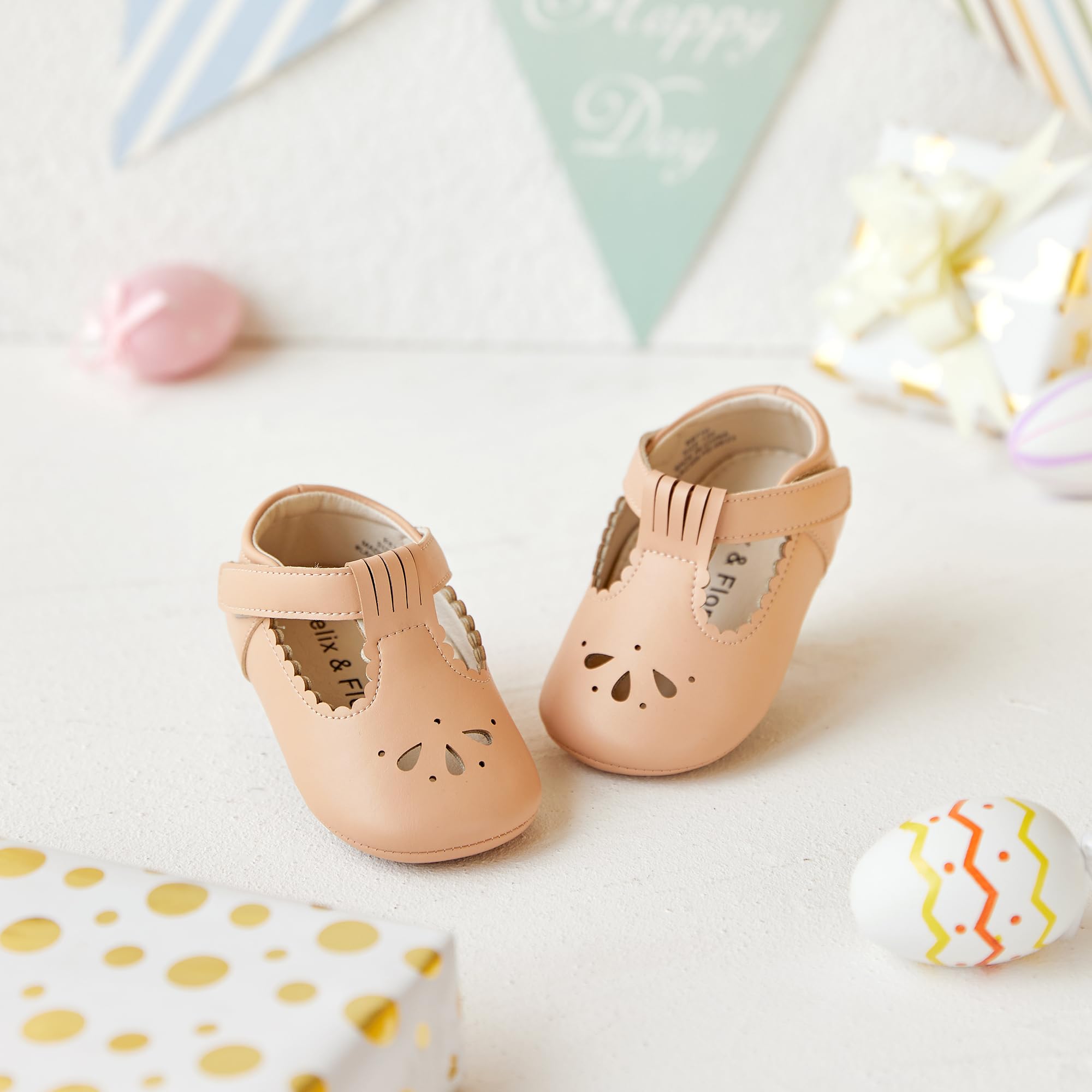 Felix & Flora Soft Sole Nude Baby Dress Shoes - Infant Baby Walking Shoes Moccasins Rubber Sole Crib Shoes(Nude,9-12Months Infant)