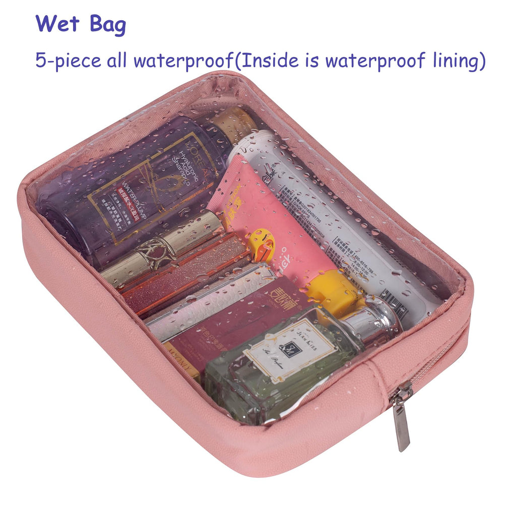 Remobia Hicol TSA Approved 5-Piece Diaper Bag Organizer Pouch Set Clear Waterproof TPU Kids Toiletry Storage Set Travel Packing Clutch Cube Bags for Baby Nursing (Pink Leather)