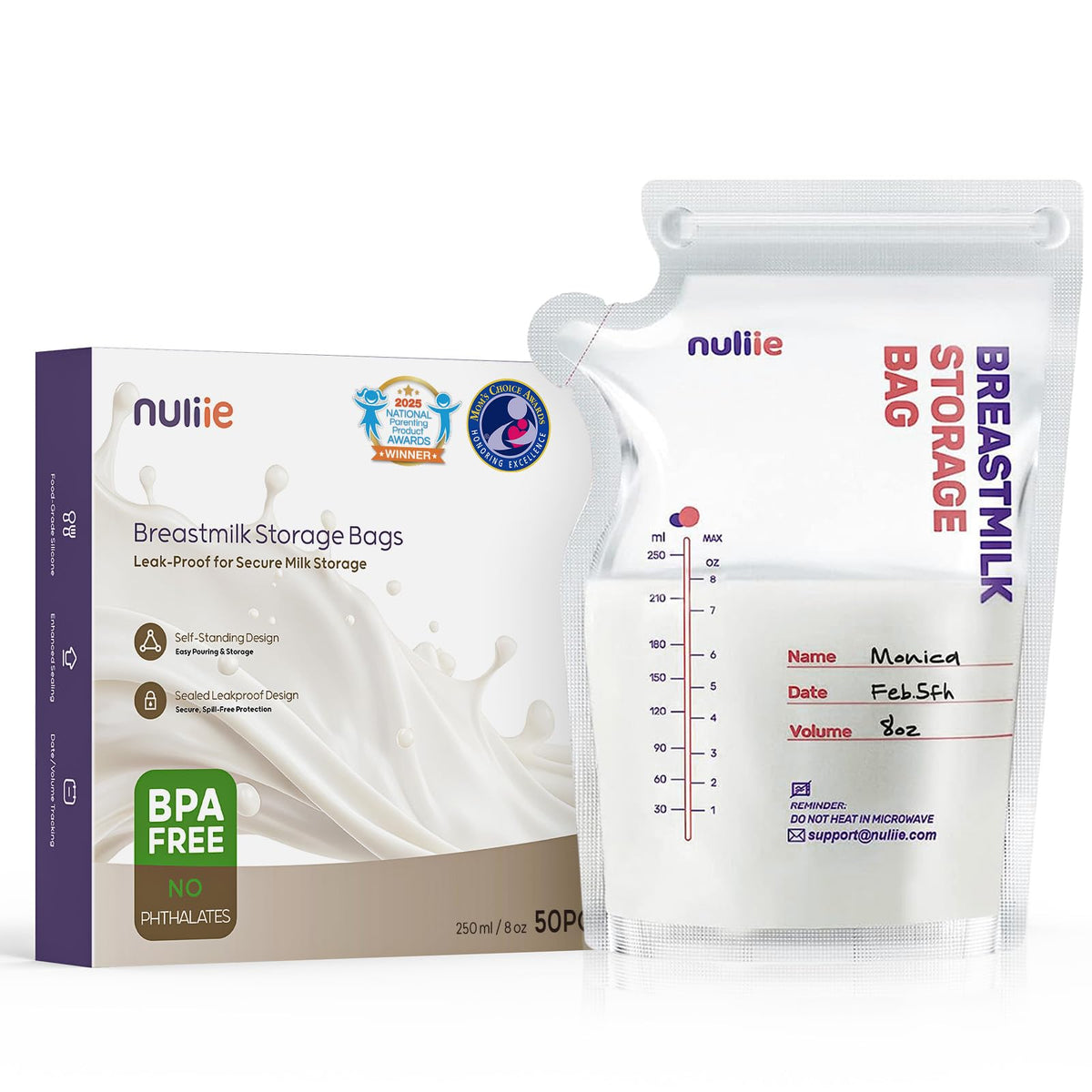 Nuliie 80 Pcs Breastmilk Storage Bags Freezer BPA-Free, Leakproof, 8oz