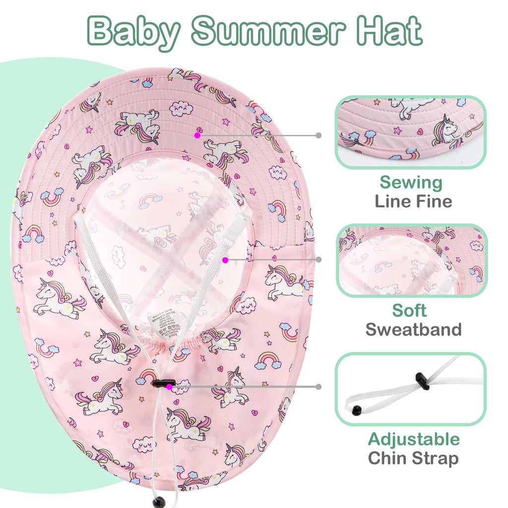 XIAOHAWANG Girls Sun Hat Baby Beach Hats Boys UPF 50+ Kids Summer Protection Cap Toddler Breathable Caps with Neck Flap (6-12Months,Pink U)